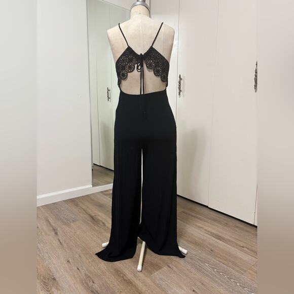 Black Sexy Jumpsuit Halter V-Neck Wide Leg Open Back with side Slit Woman Small - Picture 3 of 5